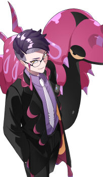 1boy black-framed_eyewear black_coat black_hair black_pants coat collared_shirt commentary_request corbeau_(pokemon) gen_5_pokemon glasses highres male_focus necktie nintendo nu-chan_(00_oekaki) open_clothes open_coat pants pokemon pokemon_(creature) pokemon_legends:_z-a purple_shirt round_eyewear scolipede shirt short_hair simple_background smile white_background yellow_eyes