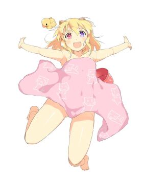 1girl :d android animal_print barefoot blonde_hair blue_eyes blush breasts bucket cat_print doll_joints flat_chest gluteal_fold heterochromia horns joints looking_at_viewer muramasa_(senran_kagura) naked_towel non-web_source official_art open_mouth red_eyes robot_girl rubber_duck senran_kagura senran_kagura_new_wave short_hair simple_background smile solo towel white_background