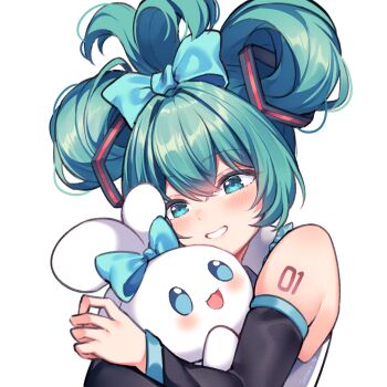 1girl 1other aqua_eyes aqua_hair aqua_necktie aqua_trim arm_tattoo bare_shoulders black_sleeves bow cinnamiku cinnamoroll commentary_request creature detached_sleeves fuwa_fuwa_cinnamoroll grey_shirt hair_between_eyes hair_bow hair_ornament hatsune_miku highres hug long_hair looking_at_another necktie number_tattoo sanrio sasha_chii shirt simple_background sleeveless sleeveless_shirt tattoo twintails upper_body very_long_hair vocaloid white_background