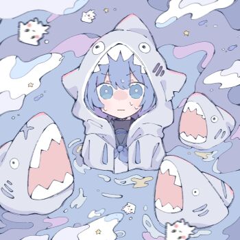 1girl animal animal_hood character_request copyright_request highres hinase01 hood looking_at_viewer neckerchief partially_submerged purple_eyes purple_hair purple_neckerchief purple_theme sailor_collar school_uniform serafuku shark shark_hood sharp_teeth solo squid standing sweatdrop teeth water