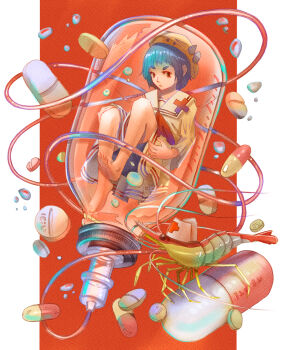 1girl barefoot bubble cross curled_up feet fetal_position floating full_body hat highres hugging_own_legs in_container intravenous_drip knees_to_chest lenta nurse nurse_cap original oversized_object pill red_background red_cross sailor_collar short_hair shrimp tube