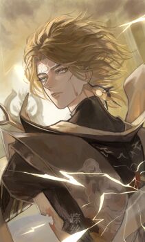 Rule 34 | 1boy, absurdres, black shirt, blonde hair, blood, blood on face, chinese commentary, cloud, cloud print, commentary request, curtained hair, cuts, earrings, electric guitar, facial mark, forehead mark, from behind, grey tabard, guitar, highres, injury, instrument, jewelry, lips, looking at viewer, looking back, male focus, onmyoji, parted bangs, parted lips, shirt, shoulder pads, sideways glance, sky, solo, sun earrings, susanoo (onmyoji), tabard, torn clothes, turtleneck, turtleneck shirt, upper body, wind, yellow eyes, yellow sky, yellow theme, zongsi600