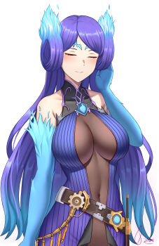 1girl absurdres belt blue_dress blue_fire blue_hair breasts brighid_(xenoblade) cleavage closed_eyes closed_mouth core_crystal_(xenoblade) dagger dress facing_viewer fire ghonky highres knife large_breasts long_hair navel sheath sheathed simple_background smile solo very_long_hair weapon white_background xenoblade_chronicles_(series) xenoblade_chronicles_2