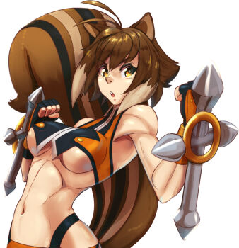 1girl animal_ears bare_shoulders blazblue breasts brown_eyes brown_hair crop_top fingerless_gloves gloves large_breasts makoto_nanaya midriff short_hair sleeveless squirrel_ears squirrel_tail tail tonfa tonyingredg underboob weapon wide_hips