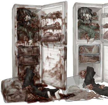 1other blood blood_on_object brown_hair corpse flesh food green_jacket guro highres intestines jacket meat organs original pants pool_of_blood refrigerator severed_arm severed_head severed_leg severed_limb wuwuren