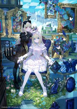 2girls animal_ears bird black_bow black_dress black_hairband black_pantyhose blonde_hair blue_eyes blue_flower blue_rose blue_sky bow cat chair chess_piece chessboard clam_shell closed_mouth cloud cloudy_sky commentary_request copyright_notice crown dress egg egg_cup expressionless eyelashes fantasy flower fork frilled_dress frilled_wrist_cuffs frills fuzichoco gem goose grass hair_bow hairband highres house jewelry knife knight_(chess) lolita_fashion long_hair long_sleeves looking_at_viewer multiple_girls on_chair original pantyhose parted_lips partial_commentary pawn_(chess) picture_frame plate puffy_short_sleeves puffy_sleeves red_eyes ring rook_(chess) rose sheep short_sleeves siblings sitting sky smile spoon standing thighhighs tile_floor tiles tree twins twitter_username very_long_hair white_bow white_dress white_flower white_hairband white_pantyhose white_thighhighs wolf_ears wrist_cuffs