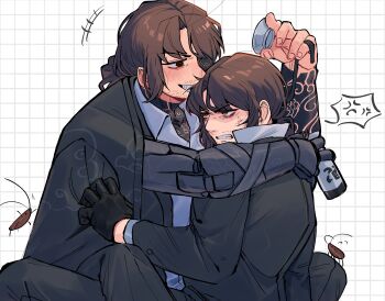 Rule 34 | 2boys, ^^^, absurdres, alcohol, alternate costume, amputee, anger vein, angry, annoyed, arm around neck, arm around shoulder, arm hug, arm tattoo, bags under eyes, beard stubble, black coat, black gloves, black jacket, black necktie, black pants, black suit, black vest, blush, bottle, brown eyes, brown hair, bug, choko (cup), clenched teeth, clothes grab, cloud print, coat, coat on shoulders, cockroach, collarbone, collared shirt, cup, dress shirt, drunk, dual persona, eyepatch, facial hair, formal clothes, gloves, gregor (project moon), grid background, grin, hair between eyes, half-closed eyes, hand up, happy, highres, holding, holding bottle, holding cup, hug, insect, jacket, jacket grab, jacket on shoulders, joints, kurokumo clan (identity) (project moon), lapels, limbus company, long hair, long sleeves, looking at another, looking down, looking to the side, looking up, low ponytail, male focus, mechanical arms, multiple boys, multiple persona, neck tattoo, necktie, official alternate costume, one-eyed, one eye covered, open clothes, open coat, open jacket, pants, parted bangs, ponytail, project moon, prosthesis, prosthetic arm, sake, sake bottle, selfcest, shirt, sideways glance, simple background, single mechanical arm, sitting, sitting on lap, sitting on person, smile, speech bubble, spoken anger vein, stubble, suit, suit jacket, sweatdrop, tattoo, tattoo on neck, teeth, time paradox, upper body, vest, white background, white shirt, wing collar, yaoi