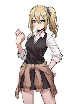 1girl absurdres black_skirt blonde_hair blue_scrunchie blush breasts cellphone closed_mouth clothes_around_waist collarbone collared_shirt cowboy_shot doris_(1349745448) dress_shirt hair_between_eyes hair_ornament hair_scrunchie hand_on_own_hip hayasaka_ai highres holding holding_phone kaguya-sama_wa_kokurasetai_~tensai-tachi_no_renai_zunousen~ long_hair long_sleeves looking_at_viewer medium_breasts medium_hair phone pleated_skirt ponytail purple_eyes school_uniform scrunchie shirt side_ponytail sidelocks simple_background skirt smartphone smile solo standing sweater sweater_around_waist vest white_background white_shirt