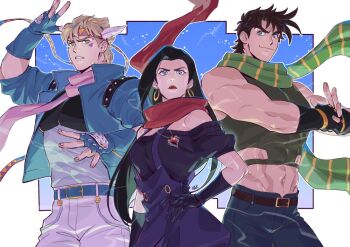 1girl 2boys abs bare_shoulders battle_tendency black_hair blonde_hair blue_eyes blue_jacket brown_hair caesar_anthonio_zeppeli cracking_knuckles crop_top dress earrings facial_mark feather_hair_ornament feathers fighting_stance fingerless_gloves gloves green_eyes grin hair_ornament hakmonss headband hoop_earrings jacket jewelry jojo_no_kimyou_na_bouken joseph_joestar joseph_joestar_(young) lisa_lisa long_hair multiple_boys necklace off-shoulder_dress off_shoulder pink_scarf red_scarf red_stone_of_aja scarf smile striped_clothes striped_scarf tight_top triangle_print