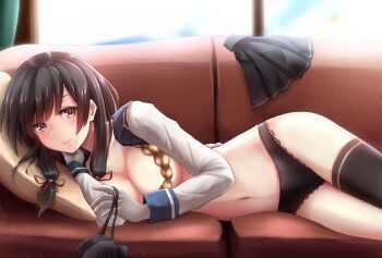1girl black_bra black_hair black_panties black_thighhighs blouse blue_sky blurry blurry_background blush bra breasts closed_mouth commentary_request couch dated day female_focus gloves groin hair_ornament hair_ribbon highres indoors isokaze_(kancolle) kantai_collection light_particles lingerie long_hair long_sleeves looking_at_viewer lounge lying medium_breasts navel nuka_(nvkka) on_side panties pleated_skirt red_eyes revision ribbon school_uniform serafuku shirt sidelocks signature single_thighhigh skirt sky smile solo stomach thighhighs thighs tress_ribbon underwear unworn_bra unworn_skirt white_gloves white_shirt window