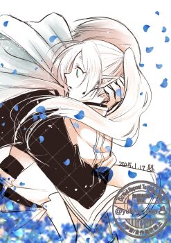 1boy 1girl arm_around_back black_jacket blue_petals capelet cloak dated earrings falling_petals frieren green_eyes grey_hair hand_in_another's_hair hetero himmel_(sousou_no_frieren) hug jacket jewelry long_hair parted_bangs parted_lips petals pointy_ears shirt short_hair sousou_no_frieren striped_clothes striped_shirt twintails twitter_username white_background white_capelet white_cloak white_hair yukiyo_usa