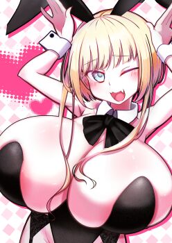 1girl black_leotard blonde_hair blue_eyes blush breasts dutch_angle female_focus head_tilt huge_breasts kuyu730 leotard one_eye_closed original pale_skin playboy_bunny rabbit_pose shiny_skin solo standing wink