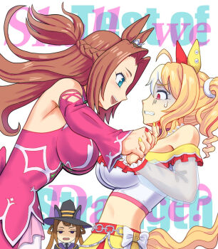 3girls :d ahoge animal_ears bandeau bare_shoulders black_necktie black_robe blonde_hair blue_eyes blunt_bangs bow braid braided_hair_rings breasts brown_hair clenched_teeth collared_shirt commentary_request cowboy_shot curtained_hair detached_sleeves dress ear_covers ear_ornament english_text forehead from_side fusaichi_pandora_(assorted_cuteness)_(umamusume) fusaichi_pandora_(umamusume) hair_between_eyes hair_ornament hair_rings hat hat_with_ears horse_ears horse_girl horse_tail interlocked_fingers kawakami_princess_(princess_of_pink)_(umamusume) kawakami_princess_(umamusume) large_breasts long_hair looking_at_another midriff mismatched_ear_covers mitarashi_dingo multicolored_nails multiple_girls necktie open_mouth parted_bangs pink_dress pink_sleeves purple_eyes red_eyes robe see-through_clothes see-through_sleeves shirt sidelocks skirt sleeveless sleeveless_dress smile standing strong sweat sweep_tosho_(platanus_witch)_(umamusume) sweep_tosho_(umamusume) tail teeth twintails umamusume upper_teeth_only white_bandeau white_bow witch_hat wrestling yellow_skirt