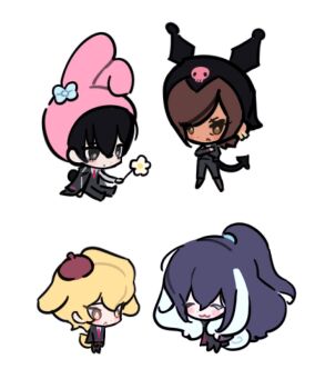 1girl 3boys animal_ears beret black_eyes black_hair black_jacket black_pants blonde_hair blue_hair chibi chibi_only cinnamoroll cinnamoroll_(cosplay) commentary_request cosplay dog_ears dog_tail half_updo hat highres hong_lu_(project_moon) huyj_cl jacket kuromi kuromi_(cosplay) limbus_company long_hair multiple_boys my_melody my_melody_(cosplay) outis_(project_moon) pants pompompurin pompompurin_(cosplay) project_moon rabbit_ears rabbit_tail sanrio short_hair simple_background sinclair_(project_moon) tail very_long_hair white_background yellow_eyes yi_sang_(project_moon)
