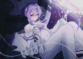 1girl absurdres ahoge air_bubble blush breasts bubble cleavage closed_mouth commentary covered_navel detached_sleeves double-parted_bangs expressionless feet_out_of_frame frilled_sleeves frills goddess_of_victory:_nikke hair_between_eyes hairband highres jellyfish_girl leotard liberalio_(nikke) looking_at_viewer medium_breasts medium_hair namakepo pantyhose purple_hair red_eyes sidelocks sleeves_past_fingers sleeves_past_wrists solo underwater white_hairband white_leotard white_pantyhose white_sleeves wide_sleeves