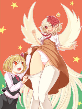 2girls baby_animal bird bird_tail bird_wings black_skirt black_vest blonde_hair blush brown_dress chick clothes_lift commentary_request dress dress_lift feathered_wings feet_out_of_frame harunoha highres long_sleeves looking_at_another multicolored_hair multiple_girls necktie niwatari_kutaka open_mouth orange_background orange_eyes panties red_hair red_necktie rumia sharp_teeth shirt short_hair short_sleeves skirt smile star_(symbol) tail teeth thighhighs thighhighs_pull touhou two-tone_hair underwear vest white_shirt white_thighhighs wings yellow_wings