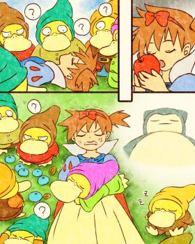 1girl :d ? alternate_costume anger_vein angry apple asymmetrical_hair belt berry_(pokemon) bow cape clenched_teeth closed_eyes clothed_pokemon cosplay crossover dress facial_hair fake_facial_hair food forest fruit gen_1_pokemon grass hair_bow hair_ornament hairband hat highres holding holding_food holding_fruit looking_at_viewer lying misty_(pokemon) nature nintendo on_back open_mouth orange_hair outdoors pokemon pokemon_(anime) pokemon_(classic_anime) ponytail psyduck puff_and_slash_sleeves puffy_short_sleeves puffy_sleeves red_bow short_hair short_sleeves side_ponytail skirt sleeping smile snorlax snow_white_(disney) snow_white_and_the_seven_dwarfs_(disney) spoken_question_mark teeth trembling u_u zzz