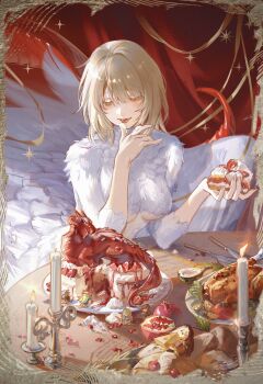 2girls 3boys achyue blonde_hair border breasts brown_border butter cake cake_slice candle candlestand character-themed_food chilchuck_tims chinese_commentary commentary_request cream dungeon_meshi falin_touden falin_touden_(chimera) feathers food fork fruit highres holding holding_cake holding_food knife laios_touden marcille_donato mini_person miniboy minigirl monster_girl multiple_boys multiple_girls plate pomegranate red_dragon_(dungeon_meshi) senshi_(dungeon_meshi) solo_focus strawberry strawberry_shortcake tomato tongue tongue_out turkey_(food) underboob white_feathers