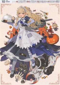 absurdres apron blonde_hair blue_dress blue_eyes calendar_(medium) candy cupcake donut dress elbow_gloves food full_body ghost gloves highres hoshiakari_(c2_kikan) incredibly_absurdres jack-o'-lantern kantai_collection lollipop long_hair macaron maid_headdress minneapolis_(halloween)_(kancolle) minneapolis_(kancolle) nevada_(kancolle) new_heavy_cruiser_princess october official_art patchwork_clothes pumpkin ranger_(kancolle) serving_dome solo_focus tuscaloosa_(kancolle) two_side_up wavy_hair white_apron zombie_costume