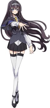 1girl arm_at_side arm_up artist_request black_capelet black_hair black_hairband black_jacket black_shoes black_skirt black_vest blue_eyes capelet closed_mouth code_geass code_geass:_lost_stories collared_shirt cropped_jacket crossed_legs female_focus floating_hair full_body game_cg garter_straps hair_intakes hairband happy highres jacket lace-trimmed_hairband lace_trim layered_sleeves legs long_hair long_legs long_sleeves looking_at_viewer maya_disel miniskirt necktie non-web_source official_art open_clothes open_jacket outstretched_arm pleated_skirt shirt shoes sidelocks simple_background skirt smile solo split_mouth spread_fingers standing thighhighs transparent_background very_long_hair vest watson_cross white_shirt white_thighhighs yellow_necktie zettai_ryouiki