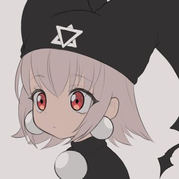 Rule 34 | 1girl, berserkwitchart, black hat, black shirt, collared shirt, demon wings, earrings, expressionless, goth fashion, hat, highres, jester cap, jewelry, looking to the side, mayura, pink hair, red eyes, shirt, short hair, solo, ukagaka, white background, wings