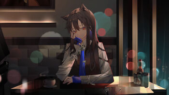 0_(znanimo) 1girl 1other animal_ear_fluff animal_ear_piercing animal_ears arknights arm_rest arm_support armlet bag blue_gloves blue_hair blue_necktie blurry bokeh breasts brick brick_wall brown_bag brown_hair brown_vest buttons chair closed_mouth coffee collared_shirt colored_inner_hair commentary cup depth_of_field disposable_cup double-parted_bangs drink expressionless fingerless_gloves fingernails gloves hair_between_eyes hand_on_own_cheek hand_on_own_face hand_up handbag head_rest head_tilt highres holding holding_bag indoors jewelry long_hair long_sleeves looking_at_viewer multicolored_hair necktie night official_alternate_costume on_chair orange_eyes parted_bangs pepper_shaker piercing plate rain reflection reflective_table restaurant salt_shaker shadow shirt sidelocks sitting small_breasts solo_focus steam straight-on straight_hair symbol-only_commentary tabasco table teacup texas_(arknights) texas_the_omertosa_(arknights) toothpick_holder two-tone_hair upper_body v-neck vest wall wallpaper_(object) water_drop white_shirt window window_shadow wing_collar wolf_ears wolf_girl wolf_head wooden_chair