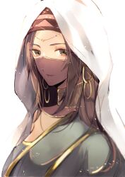 Rule 34 | 1girl, brown eyes, brown hair, commentary request, dress, earrings, fate/grand order, fate (series), green dress, headband, highres, hoop earrings, jewelry, looking at viewer, mouth veil, see-through veil, siduri (fate), simple background, solo, upper body, veil, white background, white hood, yui (linaw-key08)