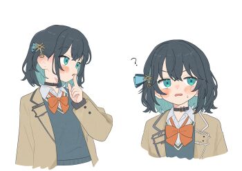 Rule 34 | ?, blazer, blue eyes, blue hair, blush, choker, collared shirt, confused, hair ornament, highres, jacket, komori kamome, miyamai moca, ribbon, shirt, sweatdrop, voiceroid