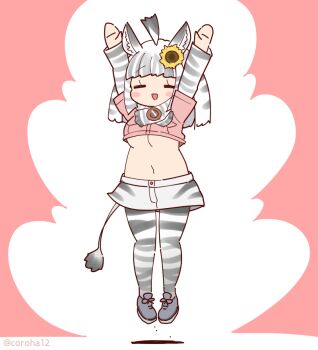 1girl animal_ears animal_print arms_up closed_eyes coroha extra_ears flower full_body grey_hair hair_ornament jumping kemono_friends kemono_friends_3 long_hair mountain_zebra_(kemono_friends) navel pantyhose pink_background scarf shirt shoes shorts simple_background solo tail zebra_ears zebra_girl zebra_print zebra_tail
