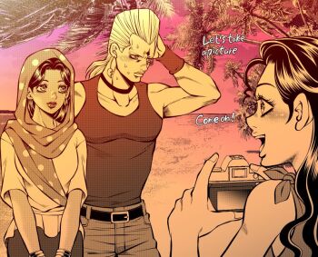 1boy 2girls alternate_universe arm_up belt blush bracelet breasts brother_and_sister camera commentary_request dark-skinned_female dark_skin earrings embarrassed english_text holding holding_camera jean_pierre_polnareff jewelry jojo_no_kimyou_na_bouken kid_(kidocchi) large_breasts lips long_hair looking_at_another makeup malena_(jojo) multiple_girls muscular muscular_male outdoors palm_tree pants sand sherry_polnareff siblings sleeveless smile stardust_crusaders sweatdrop taking_picture tree water