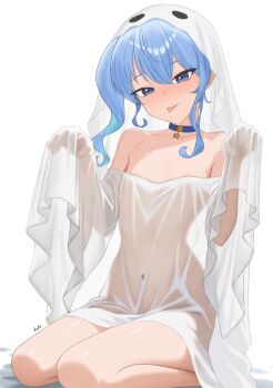 1girl absurdres asymmetrical_sidelocks bed_sheet blue_choker blue_eyes blue_hair blue_ribbon choker commentary covered_navel diptip double-parted_bangs dress english_commentary flat_chest full_body ghost_costume hair_between_eyes hair_ribbon highres hololive hoshimachi_suisei long_sleeves looking_at_viewer medium_hair naked_dress paid_reward_available pendant_choker ribbon see-through_silhouette short_dress side_ponytail sidelocks simple_background sitting sleeves_past_fingers sleeves_past_wrists solo star_(symbol) star_choker star_in_eye symbol_in_eye virtual_youtuber white_background wide_sleeves