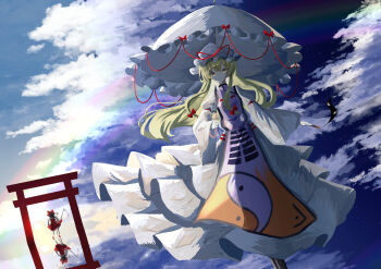 2girls absurdres blonde_hair boots bow brown_boots brown_hair closed_mouth cloud cloudy_sky commentary day detached_sleeves dress frilled_bow frilled_dress frilled_skirt frills gap_(touhou) gohei hair_bow hakurei_reimu hand_fan hat hat_ribbon highres holding holding_fan holding_gohei holding_umbrella long_dress long_hair long_sleeves mob_cap multiple_girls multiple_hair_bows nettian51 night purple_tabard rainbow red_bow red_ribbon red_shirt red_shoes red_skirt reflection ribbon shirt shoes skirt sky sleeve_garter smile socks standing tabard torii touhou umbrella umbrella_bow very_long_hair white_dress white_hat white_sleeves white_socks wide_sleeves yakumo_yukari yellow_eyes