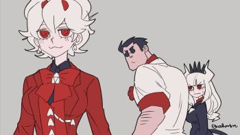 1boy 2girls :3 beelzebub_(helltaker) bilingual_commentary black_hair black_vest commentary demon_girl demon_horns demon_tail distracted_boyfriend_(meme) english_commentary grey_background helltaker helltaker_(character) highres horns jealous long_hair looking_at_another lucifer_(helltaker) meme mixed-language_commentary multiple_girls noah_(tettsui-sole) red_eyes red_horns red_vest short_hair simple_background smile sunglasses tail twintails vest wavy_mouth white_hair white_horns white_vest