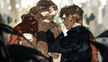 2boys alternate_universe armor beard beard_stubble blonde_hair blue_eyes blurry blurry_background cape commentary couple dappled_sunlight depth_of_field facial_hair guardians_of_the_galaxy highres kiss kissing_hand limach-an long_hair looking_at_another male_focus marvel multiple_boys muscular muscular_male parted_lips peter_quill red_cape short_hair star-lord stubble sunlight thor_(marvel) thor_(marvel)_(series) upper_body yaoi
