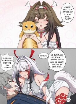 1boy 1girl :d absurdres animal bare_shoulders black_hair bracelet breasts brown_hair cat chinese_clothes closed_eyes commentary dress english_commentary english_text frilled_dress frills green_eyes grey_hair hairband heart heart_necklace highres horse_girl horse_tail jacket jewelry large_breasts long_hair multicolored_hair na_(naneesan1) necklace nervous_sweating open_mouth red_eyes simple_background smile speech_bubble sweat tail transformation white_hair wise_(zenless_zone_zero) ye_shunguang zenless_zone_zero