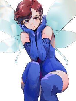 1girl 4me3ba_niku blue_gloves blue_leotard blue_thighhighs blue_wings closed_mouth commentary demon_(megami_tensei) elbow_gloves fairy fairy_wings feet_out_of_frame gloves hands_up highres invisible_chair leotard looking_at_viewer pink_eyes pixie_(megami_tensei) red_hair shin_megami_tensei short_hair simple_background sitting smile solo symbol-only_commentary thighhighs white_background wings