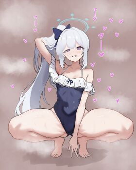 1girl absurdres arm_behind_head arm_up bare_arms bare_legs bare_shoulders barefoot blue_archive blue_bow blue_halo blue_one-piece_swimsuit blush bow brown_background casual_one-piece_swimsuit collarbone commentary covered_navel frilled_one-piece_swimsuit frills full_body gluteal_fold grey_hair grin hair_bow hair_lift halo halterneck heart heart-shaped_pupils high_side_ponytail highres long_hair looking_at_viewer miyako_(blue_archive) miyako_(swimsuit)_(blue_archive) official_alternate_costume one-piece_swimsuit parted_lips peace_peace009 simple_background smile solo spread_legs squatting steaming_body sweat swimsuit symbol-shaped_pupils tiptoes uneven_eyes very_long_hair w