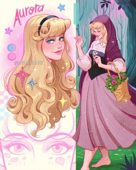 Rule 34 | 1girl, artist name, aurora (disney), barefoot, black corset, black hairband, blonde hair, blue eyes, brown skirt, character name, commentary, corset, english commentary, flower, hairband, highres, long hair, looking at viewer, luztapiaart, multiple views, pink flower, pink shirt, shirt, skirt, sleeping beauty (disney), watermark