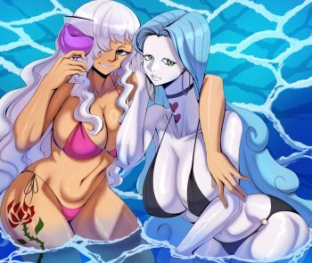 2girls absurdres bikini black_bikini blue_eyes blue_hair breasts charlotte_amande charlotte_smoothie choker cleavage colored_skin coolb_art cup curvy dark-skinned_female dark_skin drinking_glass earrings flower green_eyes hair_over_one_eye heart highres holding holding_cup hoop_earrings huge_breasts jewelry lips long_hair long_neck looking_at_viewer multiple_girls navel one_piece pink_bikini rose siblings sisters smile swimsuit tattoo thick_thighs thighs very_long_hair water white_hair white_skin wide_hips