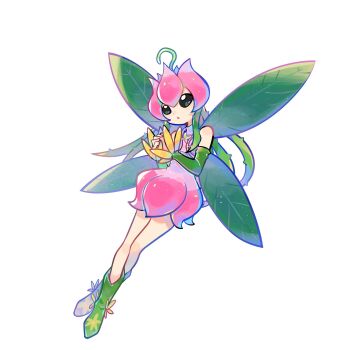 bare_shoulders boots digimon digimon_(creature) dress fairy_wings green_boots green_hair green_wings highres lilimon long_hair mar22826683 pink_dress plant_hair simple_background solo white_background wings