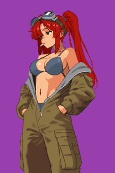 1girl cigarette expressionless goggles highres navel picopico256 purple_background red_hair simple_background tagme