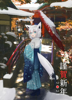 1girl 2021 absurdres ahoge animal_ears braid chiaki commentary_request fox_ears fox_girl fox_tail hakama hakama_skirt happy_new_year highres holding holding_umbrella hololive japanese_clothes kimono looking_at_viewer looking_back nengajou new_year oil-paper_umbrella outdoors pentagram shirakami_fubuki single_braid skirt snow snowing solo tail umbrella virtual_youtuber white_hair white_kimono