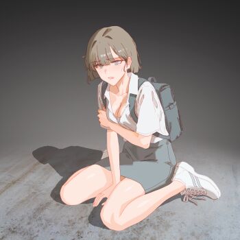 1girl absurdres arm_between_legs arm_under_breasts backpack bag blue_eyes blush breasts brown_hair cleavage full_body highres holding_own_arm looking_at_viewer medium_breasts medium_hair nutzlos_(pixiv_97134174) open_mouth original pink_pupils school_uniform shoes sitting sneakers solo tearing_up wariza