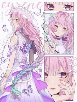 1girl artist_name ayacchirin bare_shoulders blue_hair braid character_name closed_mouth color_guide commentary covered_collarbone cyrene_(honkai:_star_rail) cyrene_(ripples_of_past_reverie)_(honkai:_star_rail) diamond-shaped_pupils diamond_(shape) dress fingernails flower gradient_hair hair_flower hair_intakes hair_ornament hand_up highres honkai:_star_rail honkai_(series) jewelry long_hair low-braided_long_hair low-tied_long_hair multicolored_hair multiple_views pink_hair pink_nails pointy_ears purple_eyes purple_flower purple_rose ring rose sidelocks smile symbol-only_commentary symbol-shaped_pupils veil very_long_hair white_dress white_veil