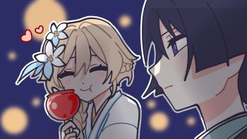 Rule 34 | 1boy, 1girl, :t, alternate costume, black hair, blonde hair, blue background, blue feathers, blue flower, blunt ends, blurry, blurry background, braid, candy apple, closed eyes, closed mouth, commentary, eating, english commentary, facing viewer, feather hair ornament, feathers, flower, food, genshin impact, hair between eyes, hair flower, hair ornament, half up half down braid, hetero, highres, holding, holding food, japanese clothes, kimono, light blush, looking at another, lumine (genshin impact), multicolored flower, outline, purple eyes, remhotaru, scaramouche (genshin impact), short hair, short hair with long locks, sidelocks, split mouth, white flower, white kimono, white outline