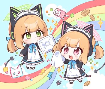 Rule 34 | 2girls, :<, :3, :d, absurdres, animal ear headphones, animal ears, apron, aqua background, black dress, black shoes, blonde hair, blue archive, blue ribbon, blush, borrowed clothes, cat ear headphones, cat ears, cat tail, chibi, chibi only, cleaning rag, closed mouth, cloud, coin, commentary, dot nose, dress, electric plug, fake animal ears, fake tail, frilled apron, frilled dress, frills, full body, green eyes, green halo, hair ribbon, halo, hand on own hip, headphones, highres, holding rag, lightning bolt symbol, long sleeves, maid, maid apron, maid headdress, midori (blue archive), midori (maid) (blue archive), momoi (blue archive), momoi (maid) (blue archive), multiple girls, neck ribbon, nyan cat, official alternate costume, official alternate hairstyle, open mouth, pantyhose, pink eyes, pink halo, ponytail, puffy long sleeves, puffy sleeves, rainbow, ribbon, shoes, short hair, short ponytail, short twintails, siblings, sidelocks, sisters, smile, sparkle, sucong, tail, twins, twintails, white apron, white pantyhose