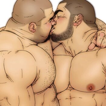 2boys arm_around_neck bara beard_stubble blush buzz_cut closed_eyes couple facial_hair foreplay from_side hairy jiraiya_(mangaka) kiss large_pectorals male_focus mature_male multiple_boys muscular muscular_male nipples nude original pectorals profile short_hair sparse_chest_hair strongman_waist stubble thick_arm_hair thick_eyebrows upper_body very_short_hair yaoi