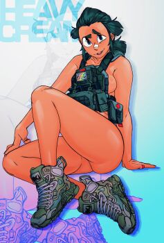 1girl arm_support bandaid bandaid_on_face bandaid_on_nose black_eyes black_hair breasts commentary copyright_name english_commentary full_body heavy_cream highres looking_at_viewer nora_(heavy_cream) nude open_mouth shoes sitting sneakers solo tyto_alba zoom_layer