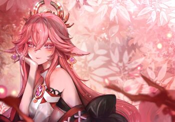 1girl among_us animal_ears bare_shoulders blurry blurry_background blurry_foreground cherry_blossoms commentary detached_sleeves earrings english_commentary feng_(glihttr) floppy_ears fox_ears genshin_impact hair_between_eyes hair_ornament head_on_hand highres japanese_clothes jewelry long_hair looking_at_viewer nontraditional_miko outdoors pink_hair purple_eyes smile solo very_long_hair when_you_see_it white_(among_us) yae_miko