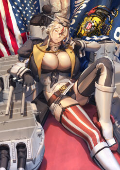 Rule 34 | 1girl, absurdres, american flag, arm support, belt, black gloves, black panties, blonde hair, boots, breasts, cleavage, finger to head, fingerless gloves, garter straps, gloves, hair between eyes, head tilt, highres, kantai collection, knee boots, knee up, ladder, large breasts, looking at viewer, navel peek, original, panties, red hair, rigging, solo, star-shaped pupils, star (symbol), symbol-shaped pupils, thighhighs, thighs, tomahawk missile, underwear, uss wisconsin (bb-64), uss wisconsin (bb-64) (personification), wisconsin state flag, ye fan, yellow eyes